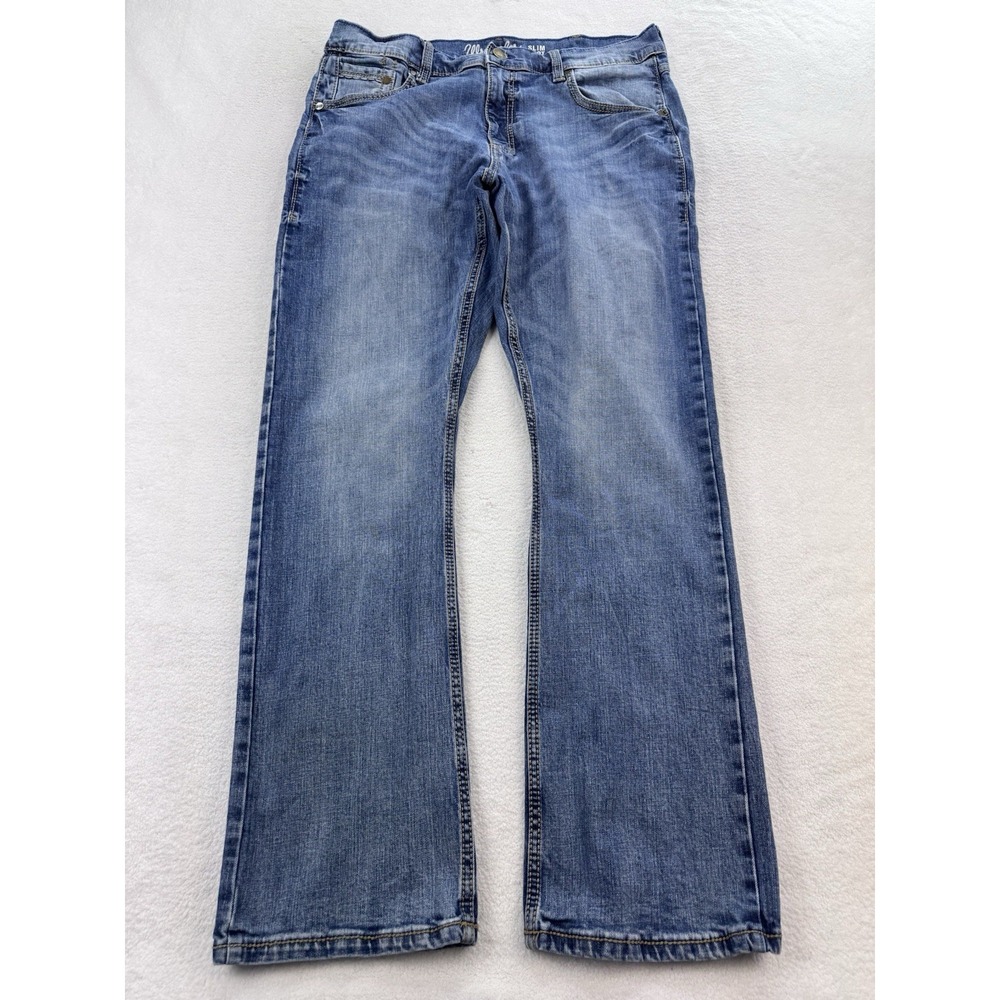 Wrangler Retro Jeans Men's 36x32 Blue Slim Boot Whisker Distressed Denim